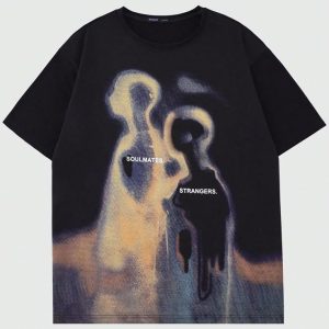"soulmates/strangers" abstract thermal print graphic t shirt black streetwear tee